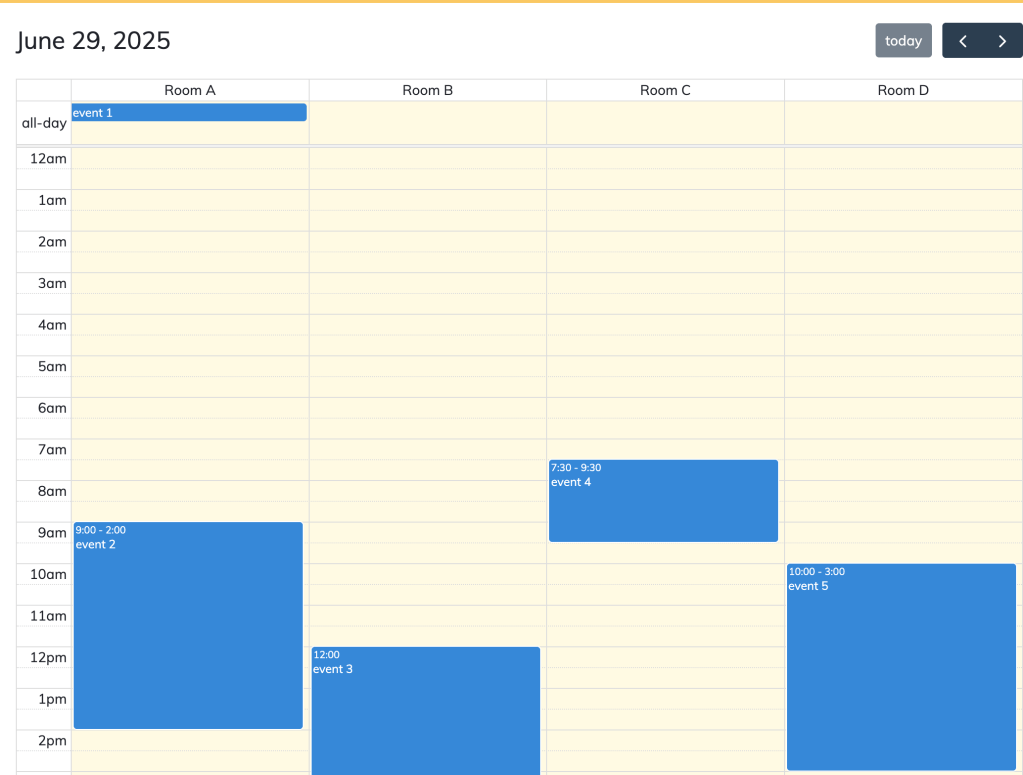 A day view in a calendar showing times of day down the left hand side, and across the top Rooms A - D. Each room is a column so events can slot into it